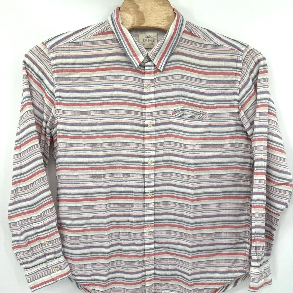 Lucky Brand Button Down Shirt Mens XL Red White Blue Striped Gauze Cotton